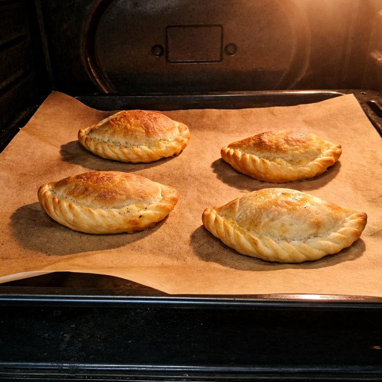 Cuatro empanadas doradas en una bandeja dentro de un horno.