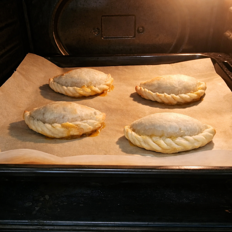Cuatro empanadas doradas en una bandeja dentro del horno.