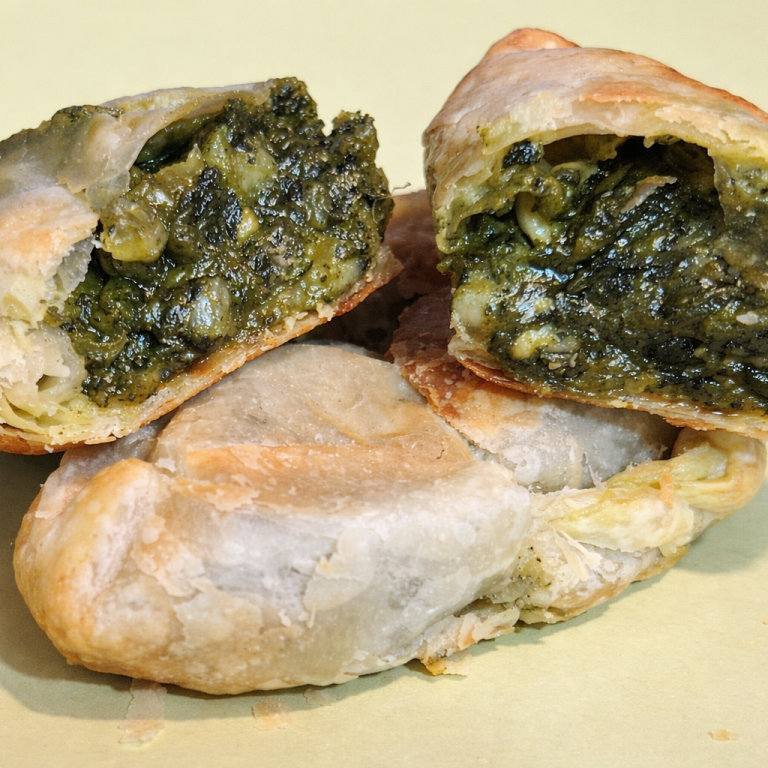Empanadas de masa crujiente rellenas de espinacas .